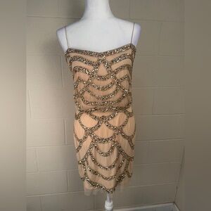 Aidan Mattox Beige Dress With Gold Sequin and Spaghetti Straps Size 4